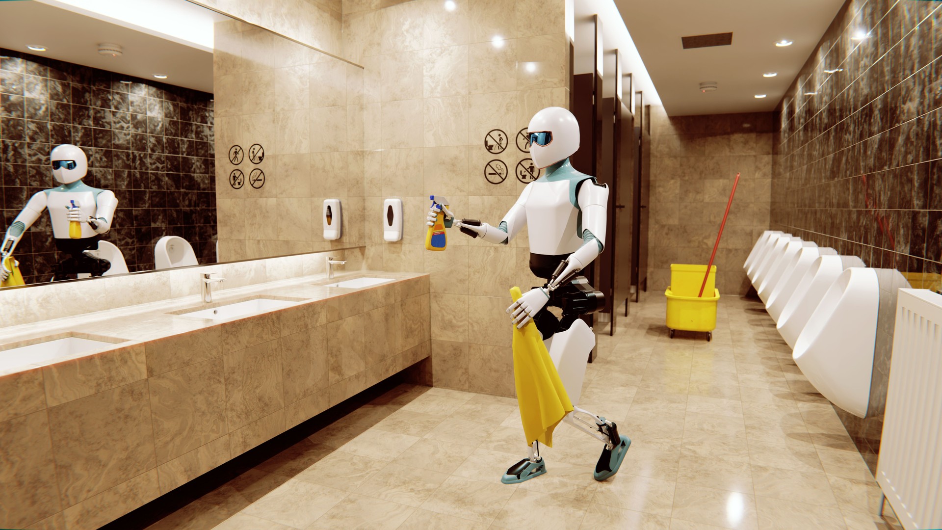 Futuristic Cleaning Crew: Robots Maintain Spotless Restroom Facilities